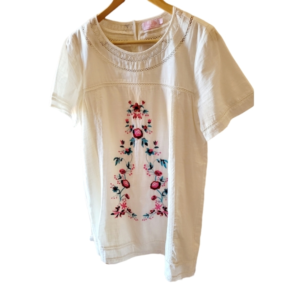 Pink Lily Floral Embroidered Cotton Dress Size Medium Spring Summer Dress - Picture 3 of 4